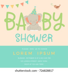 Cute elephant and bird illustration for boy baby shower card template
