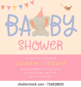 Cute elephant and bird illustration for girl baby shower card template