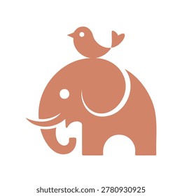 Cute elephant with bird on back standing alone in white space
