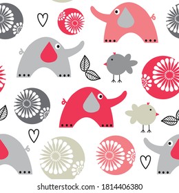 cute elephant with bird seamless pattern, can be used for textile,  background, book cover, packaging
