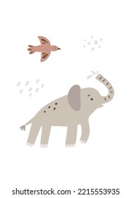 Cute elephant, bird. Vector illustration of cute safari animal.