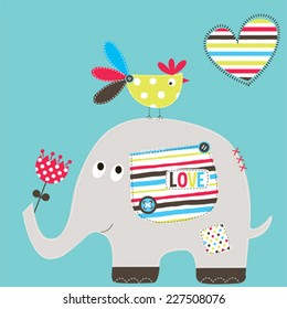 cute elephant with bird vector illustration