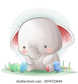 Cute elephant with birds  for cover book, print, baby shower, nursery decorations, birthday invitations, poster, greeting card