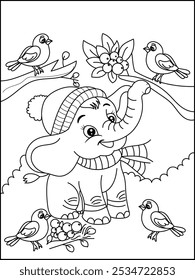 Cute Elephant and Birds Line Art Coloring Page. Fun Nature Scene for Kids.