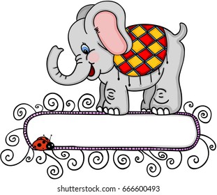 Cute elephant with blank banner and ladybird
