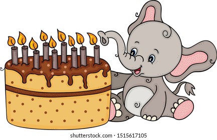Cute elephant  blowing out the candles on birthday cake