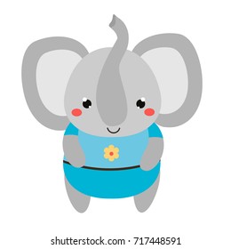 Cute elephant in blue clothes. Cartoon kawaii animal character. Vector illustration for kids and babies fashion.