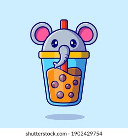 Cute Elephant Boba Milk Tea Cartoon Vector Icon Illustration. Animal Drink Icon Concept Isolated Premium Vector. Flat Cartoon Style