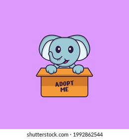 Cute elephant in box with a poster Adopt me. Animal cartoon concept isolated. Can used for t-shirt, greeting card, invitation card or mascot.