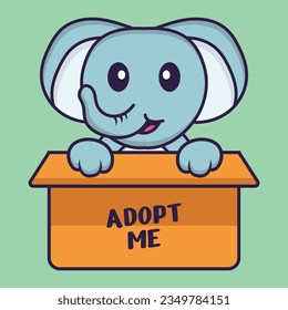 Cute elephant in box with a poster Adopt me. Animal cartoon concept isolated. Can used for t-shirt, greeting card, invitation card or mascot