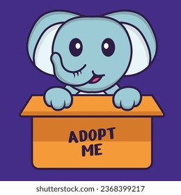 Cute elephant in box with a poster Adopt me. Animal cartoon concept isolated. Can used for t-shirt_ greeting card_ invitation card or mascot.
