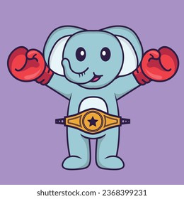 Cute elephant in boxer costume with champion belt. Animal cartoon concept isolated. Can used for t-shirt_ greeting card_ invitation card or mascot.