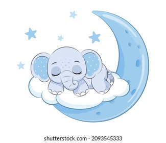 Cute Elephant Boy Sleeping On The Moon. Vector Illustration Of A Cartoon.