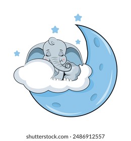 Cute elephant boy sleeping on the moon. Vector illustration of a cartoon.