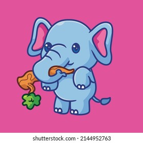 un elefante lindo rompe las ramas de los árboles para comer. ilustración de animales de dibujos animados aislados. Vector de logotipo Premium de diseño de icono de etiqueta plana. Carácter mascota