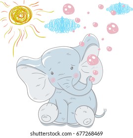 Cute elephant with bubbles hand drawn vector illustration. Can be used for t-shirts print, fashion print design, children's clothing, baby shower, holiday greeting and invites.