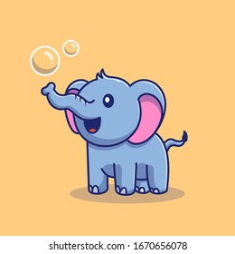 Ilustración del icono del vector de burbujas de elefantes. Caricatura de elefante mascota. El Concepto De Ícono Animal Es Blanco Aislado. Estilo de caricatura plano adecuado para Web Landing Page, banner, volante, adhesivo, tarjeta