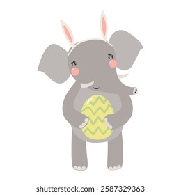 Cute elephant with bunny ears, holding Easter egg character illustration. Hand drawn flat style design, isolated vector. Holiday clip art, kids print element, seasonal card, banner, poster