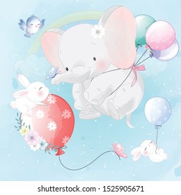 Four Cute Bunnies Flying On Clouds Stock Illustration 2121231998