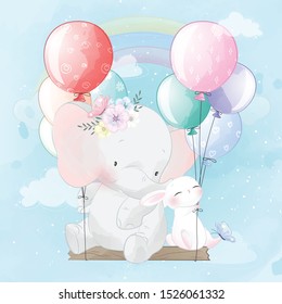 Cute elephant and bunny flying with balloon