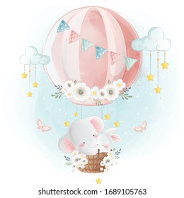 Cute Elephant and Bunny Flying With Hot Air Balloon