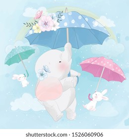 Cute elephant and bunny flying with umbrella