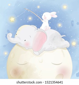 Cute elephant with bunny in the moon