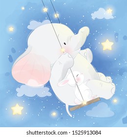 Cute elephant with bunny sitting on a swing