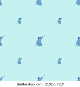Cute elephant with butterfly seamless pattern. Funny childish tracery in doodle style. Hand drawn texture for fabric, wallpaper, textile, print, title, wrapping paper. Vector illustration.