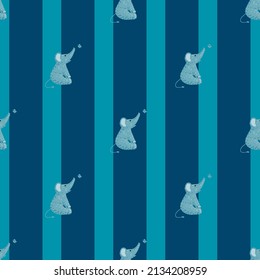 Cute elephant with butterfly seamless pattern. Funny childish tracery in doodle style. Hand drawn texture for fabric, wallpaper, textile, print, title, wrapping paper. Vector illustration.
