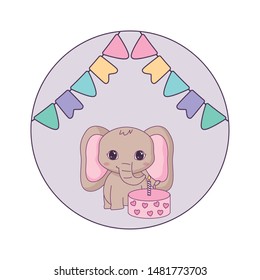 cute elephant with cake birthday and garlands