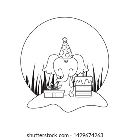 cute elephant with cake of birthday and gift box