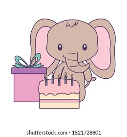 cute elephant with cake of birthday and gift box vector illustration design