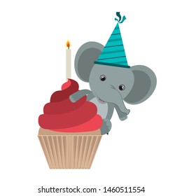 cute elephant with cake of happy birthday