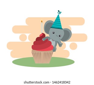 cute elephant with cake of happy birthday