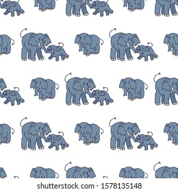 Cute Elephant and Calf Cartoon Seamless Vector Pattern. Hand Drawn African Animal Tile. All Over Print For Wildlife Blog, Safari, Trunk, Tusk, Mammal Graphic. Adorable Kids Illustration Home decor. 