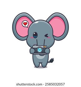 Cute elephant with camera cartoon vector illustration. vector cartoon illustration suitable for poster, brochure, web, mascot, sticker, logo and icon.