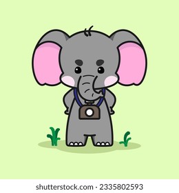 Cute elephant with camera is feeling angry. Cute elephant cartoon illustration isolated in green background. Vector illustration. Fit for mascot, children's book, icon, t-shirt design, etc.