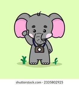 Cute elephant with a camera is in a good mood. Cute elephant cartoon illustration isolated in green background. Vector illustration. Fit for mascot, children's book, icon, t-shirt design, etc.