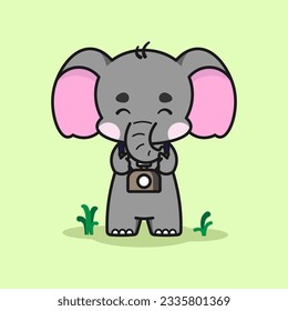 Cute elephant with a camera is making the Korean love sign with its two hands. Cute elephant cartoon illustration isolated in green background. Fit for mascot, children's book, t-shirt design, etc.