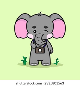 Cute elephant with a camera is making the Korean love sign. Cute elephant cartoon illustration isolated in green background. Fit for mascot, children's book, icon, t-shirt design, etc.