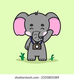 Cute elephant with a camera is waving its hand. Cute elephant cartoon illustration isolated in green background. Vector illustration. Fit for mascot, children's book, icon, t-shirt design, etc.
