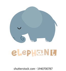 Cute elephant card for kids. Simple cartoon design for alphabet or poster