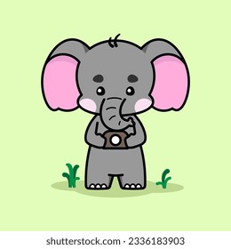Cute elephant carrying a camera. Cute elephant cartoon illustration isolated in green background. Vector illustration. Fit for mascot, children's book, icon, t-shirt design, etc.