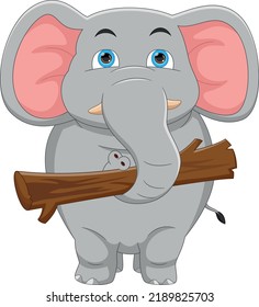 cute elephant carrying wooden logs