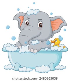 Cute Elephant Cartoon Bathing In Bathtub. Animal Nature Icon Concept Isolated Premium Vector. Vector Illustration