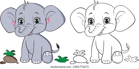 Caricatura de Cute Elephant. Líneas en blanco y negro. Página de colorear para niños. Libro de actividades.