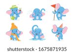 Cute Elephant Cartoon Character Collection, Adorable African Baby Animal in Different Situations Vector Illustration