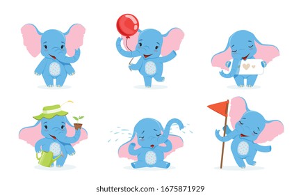 Cute Elephant Cartoon Character Collection, Adorable Baby Animal in Different Situations Vector Illustration