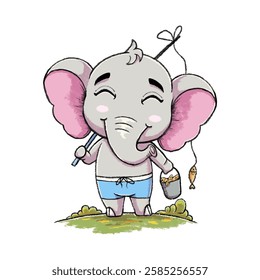 Cute Elephant Cartoon Character Fishing Water Color